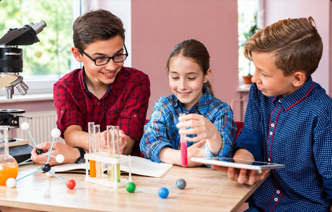 Three students examining a molecule model and test tubes