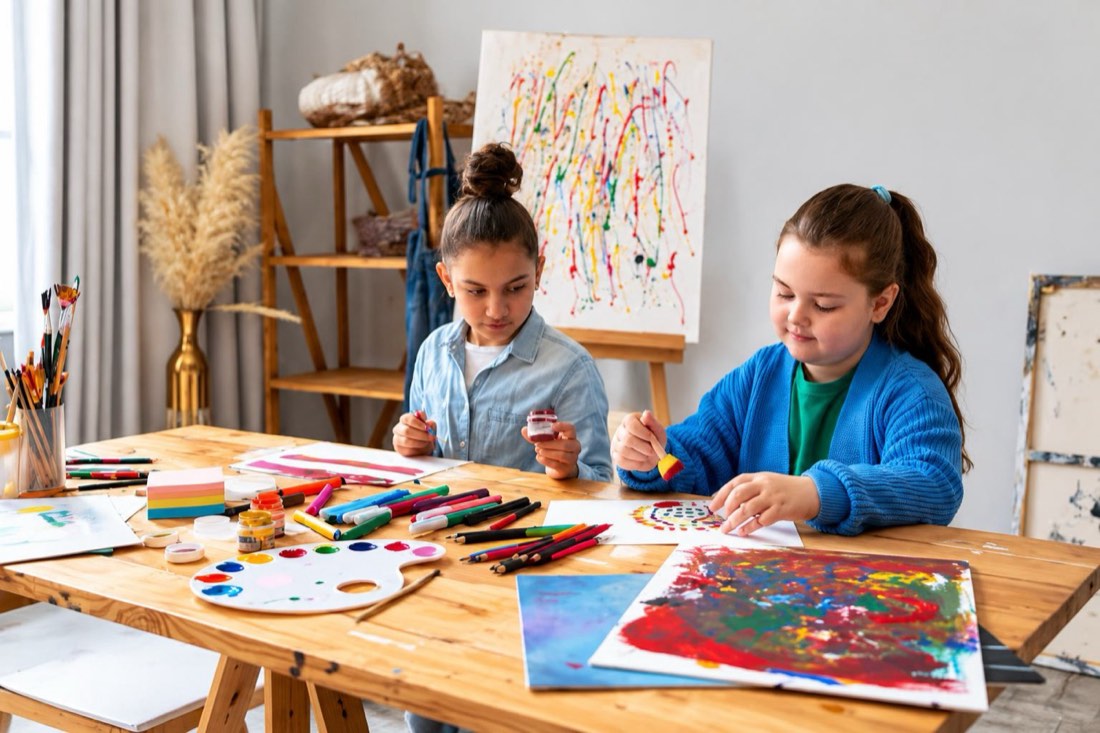 Two campers painting at an art table with a splatter-paint canvas behind them