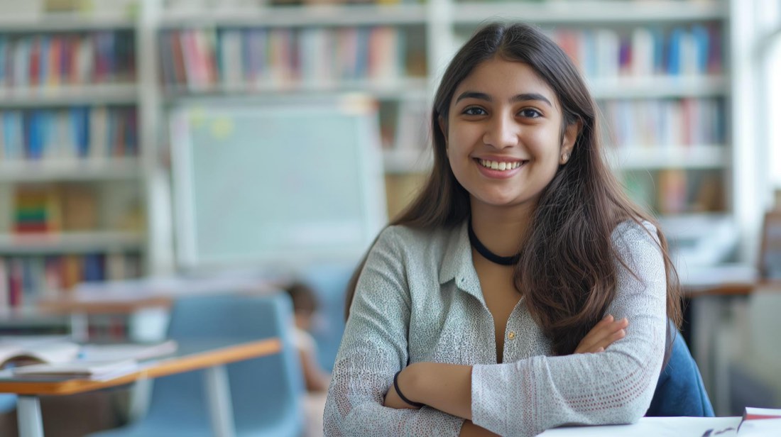 A tutor smiling with arms crossed in a library